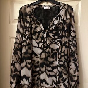 Calvin Klein || XL || Abstract Print Blouse Black White Gray Balloon Sleeve